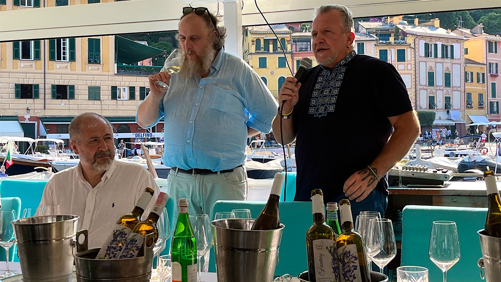 A 2023 tasting of Timorasso in Portofino with, from left, Colli Tortonesi consortium president Gian Paolo Repetto, Diego Sorba and Bisso Atassanov, speaking